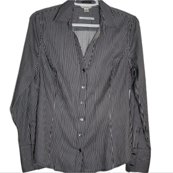 Calvin Klein blouse Iron free, black and White stripec, long cuff - Picture 1 of 4